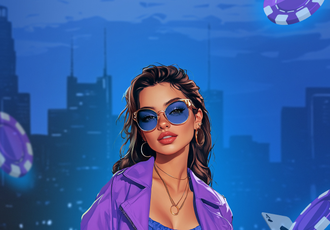 Cool woman in sunglasses against city skyline — Weekend Promo