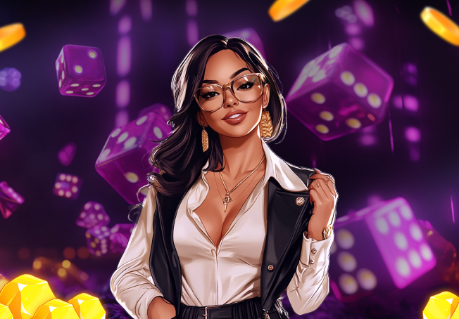 Glamorous casino hostess with dice — First Deposit Bonus