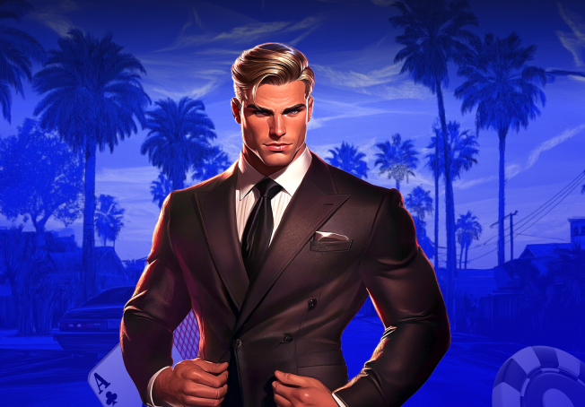 Confident man in suit under neon palms — Second Deposit Bonus