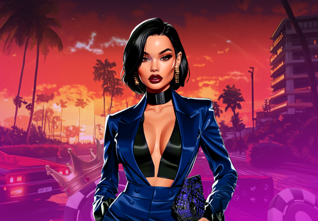 Stylish woman in purple jacket at night city — Third Deposit Bonus