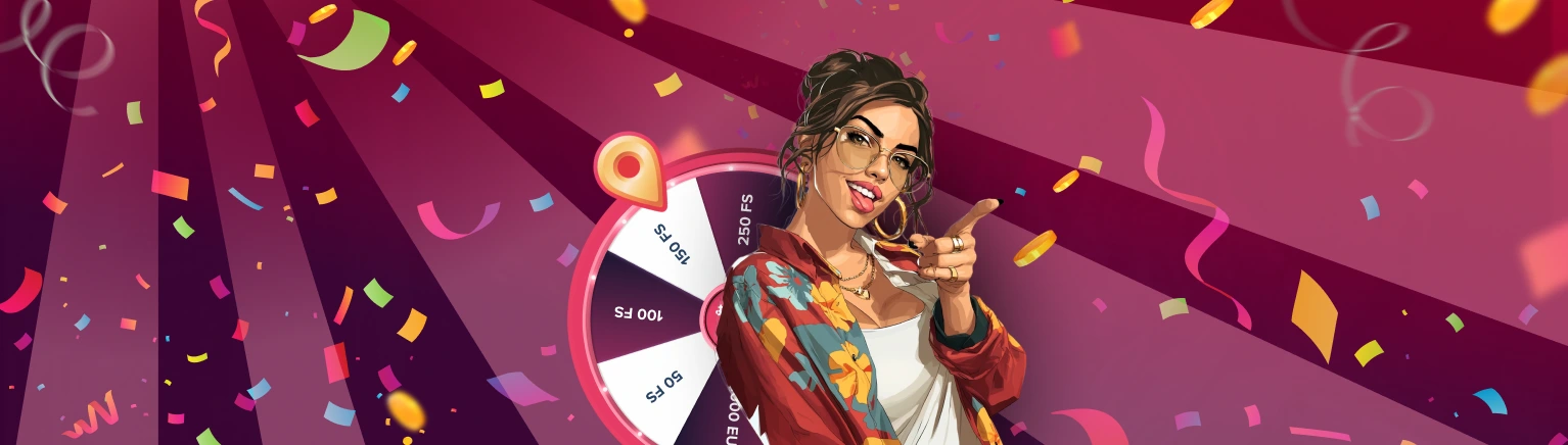 Excited woman pointing at fortune wheel — Wheel of Fortune Promo